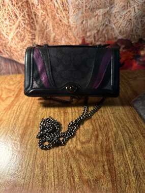 COACH Anna Purple & Black Color Block Leather Fold Over Crossbody Handbag Clutch